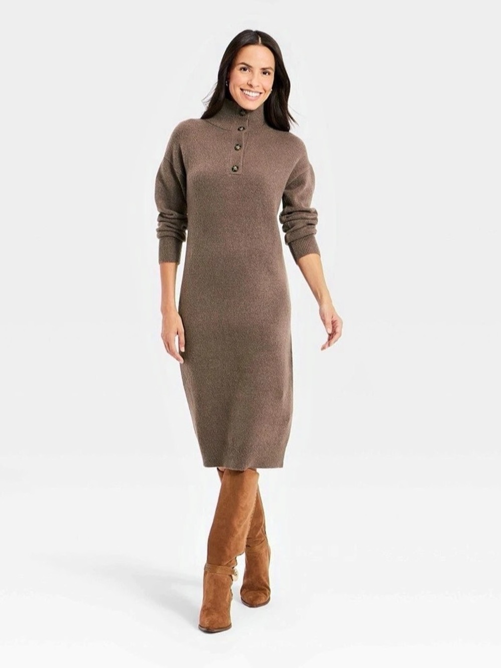 Women's Long Sleeve Midi Sweater Dress - Universal Thread Brown S